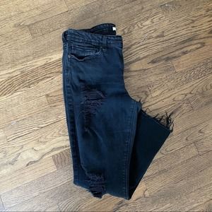 Eunina Black Distressed Straight Leg Raw Hem Jeans